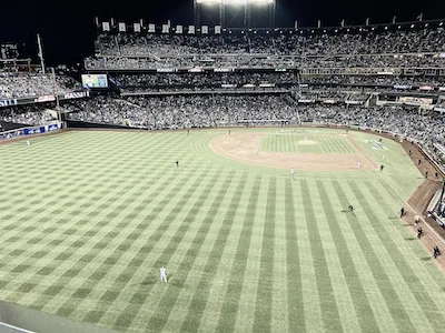 View of a major league baseball stadium from the left field seats.