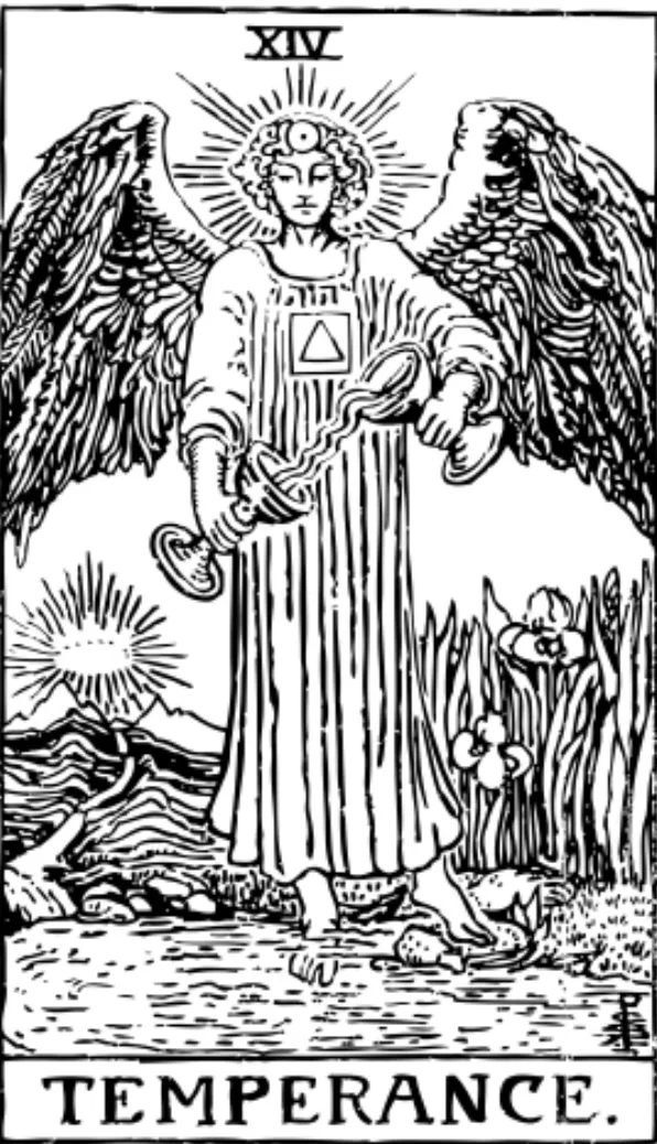 black and white version of the Temperance card from the Rider-Waite tarot deck of a person pouring liquid from one receptacle to another.