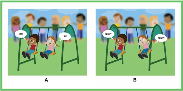 Two versions of an illustration of two people swinging on a swing set that represents being in-sync and out of sync