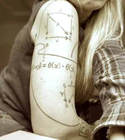 Tattoos of mathematical morphisms on a woman's upper arm.