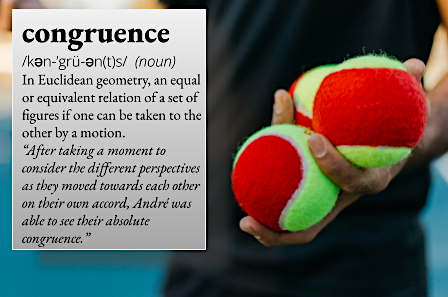 congruence: In Euclidean geometry, an equal or equivalent relation of a set of figures if one can be taken to the other by a motion. For example, "After taking a moment to consider the different perspective as they moved towards each other on their own accord, André was able to see their absolute congruence."