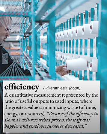 efficiency: A quantitative measurement represented by the ratio of useful outputs to used inputs, where the greatest value is minimizing waste (of time, energy , or resources). For example, "Because of the efficiency in Donna's well-researched process, the staff was happier and employee turnover decreased."