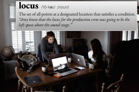 locus: The set of all points at a designated location that satisfies a condition. For example, "Amy knew that the locus for the production crew was going to be the loft space above the sound stage."