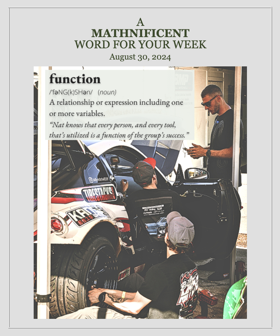 function: A relationship or expression including one or more variables. For example, "Nat knows that every person, and every tool, that's utilized is a function towards the group's success."