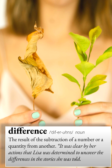 In foreground, two hands with light blue nailpolish wach hold a small branch. One branch has dried out brown leaves. The other branch has healthy-looking green leaves. The math definition of the word Difference is, The result of the subtraction of a number or a quantity from another. The example sentence is, It was clear by her actions that Lisa was determined to uncover the differences in the stories she was told.