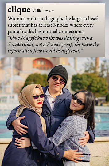 3 people - all with sunglasses on, from left to right person has beige head scarf on, middle person has dark grey knit cap, and al three are in a closed circle of a hug looking at camera. 